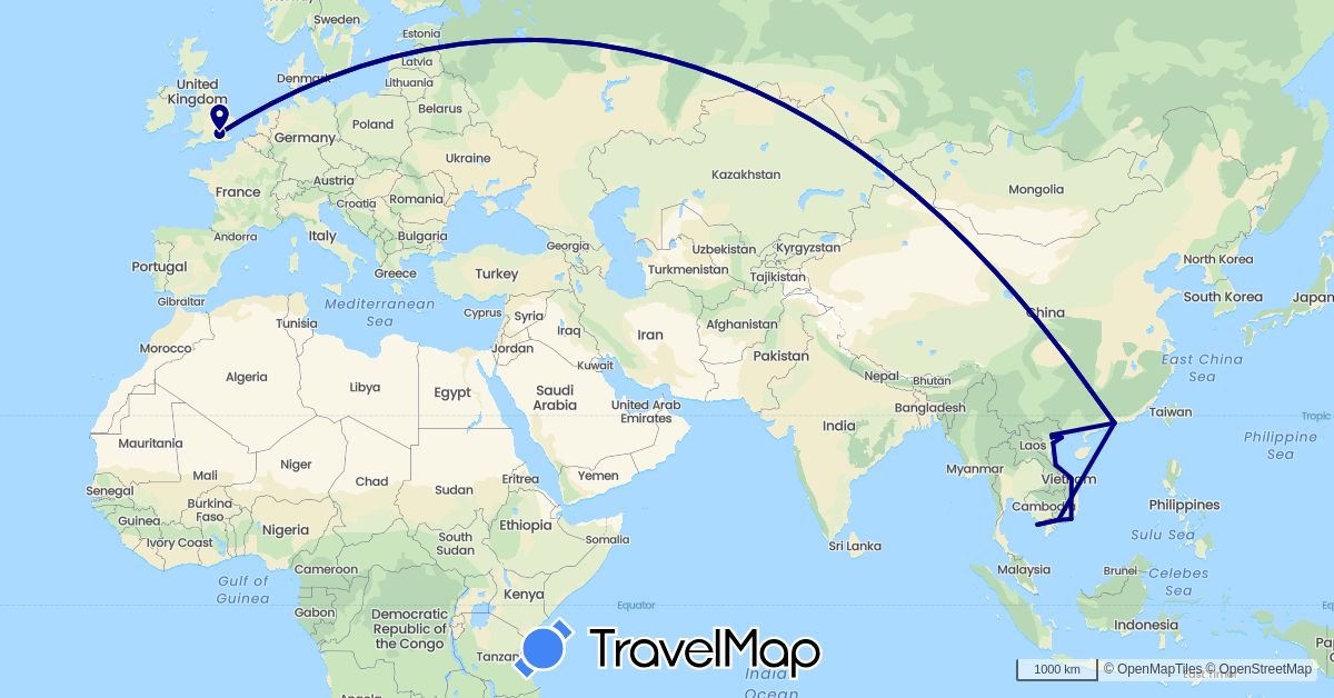 TravelMap itinerary: driving in China, United Kingdom, Vietnam (Asia, Europe)